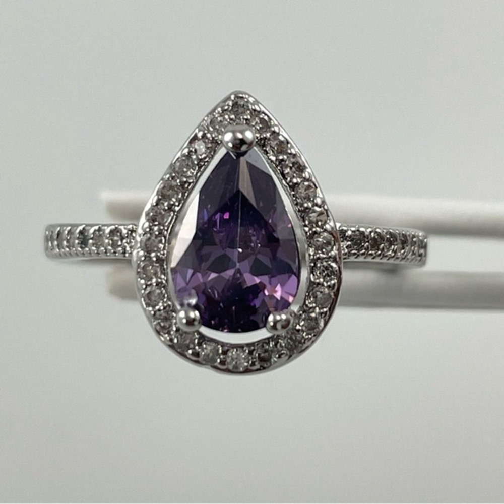Purple Amethyst Pear Cut White Diamond‎ Halo Sterling Silver Plated Ring